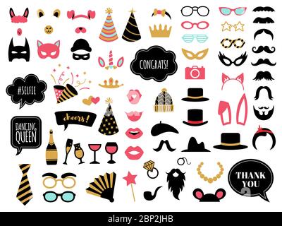 Accessoires pour dents de photo. Accessoires, lunettes, moustache et oreilles de lapin pour les fêtes de mariage, accessoires photo décoration ensemble de symboles d'illustration vectorielle Illustration de Vecteur