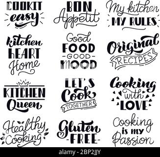 Lettrage de cuisson des aliments. Cuisine typographie dessinées à la main lettrage, recettes de cuisine des aliments expressions écrites vecteur icônes isolées ensemble Illustration de Vecteur