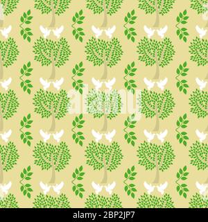 Motif sans couture avec arbre vert et colombes volantes blanches, illusration vectorielle Illustration de Vecteur