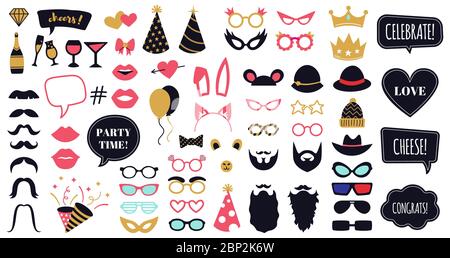 Accessoires photo-Bluetooth pour fêtes Masques faciaux, lunettes, couronne, barbe et oreilles de lapin drôles, fête de la parole bulle cadres illustration vecteur ensemble Illustration de Vecteur