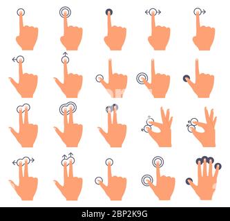 Écran tactile manuel. Interface de glissement tactile, gestes de glissement et de toucher des mains, écran de smartphone, doigt de toucher l'écran du smartphone, icônes d'illustration vectorielle définies Illustration de Vecteur