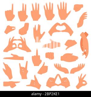 Gestuelle des mains. Communication gestuelle, pointage, compte des doigts, signe ok, jeu d'illustrations vectorielles de langage de geste de paume Illustration de Vecteur