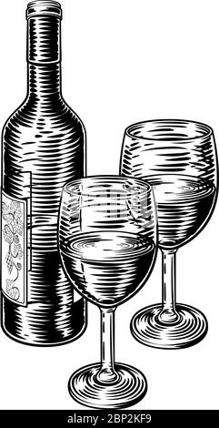 Bouteille de vin et verres Vintage Woodcut Etching Illustration de Vecteur