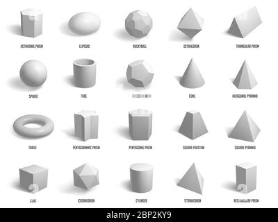 Formes 3d réalistes. Formes géométriques de sphère, cylindre, pyramide et cube, formes géométriques modèle isolé illustration vecteur ensemble d'icônes Illustration de Vecteur