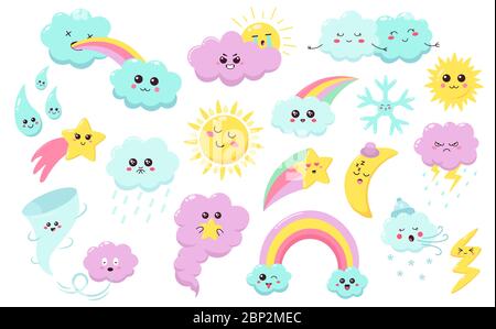 Phénomènes météorologiques dessinés à la main. Ensemble de symboles vectoriels isolés pour bébés, étoiles, flocons de neige et pépinières à vent, jolis personnages de la météo, des nuages et des arcs-en-ciel Illustration de Vecteur