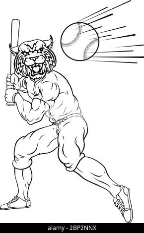 Joueur de baseball Wildcat Mascot Swinging Bat Illustration de Vecteur