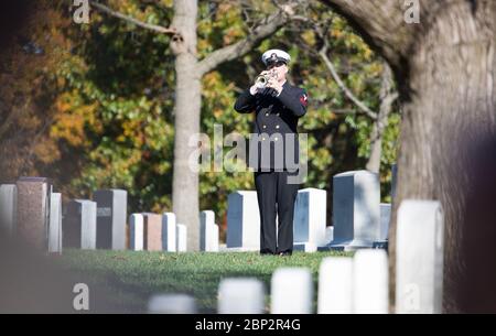 Le 8 novembre 2018, Ben Hauser, musicien de première classe de l'US Navy, joue des taps pendant les services d'inhumation de l'ancien astronaute Alan Bean au cimetière national d'Arlington. Bean, la quatrième personne à marcher sur la Lune, est décédée après une brillante carrière. Banque D'Images
