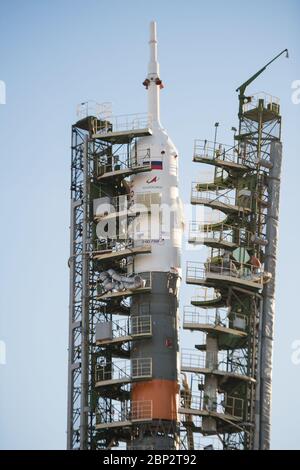 Expédition 58 déploiement les bras du bras sont levés en position pour sécuriser la fusée d'appoint Soyouz et le vaisseau MS-11 sur le plateau de lancement du satellite le 1er décembre 2018 au cosmodrome de Baïkonour au Kazakhstan. Le lancement de la fusée Soyouz est prévu pour décembre 3 et portera l'expédition 58 le commandant de Soyouz Oleg Kononenko de Roscosmos, l'ingénieur de vol Anne McClain de la NASA, Et David Saint-Jacques, ingénieur de vol de l'Agence spatiale canadienne (ASC), en orbite pour commencer leur mission de six mois et demi sur la Station spatiale internationale. Banque D'Images