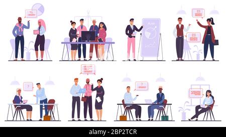 Personnages de l'équipe commerciale. Travail d'équipe, réunion d'affaires et brainstorming, professionnels de bureau personnes conférence scénario isolé ensemble Illustration de Vecteur