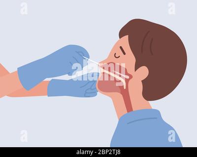 Médecin effectuant un test Covid-19 ou un test d'ADN avec une sonde à écouvillon nasal Man by, en insérant un long coton-tige dans la cavité entre le nez et la bouche. Medi Illustration de Vecteur