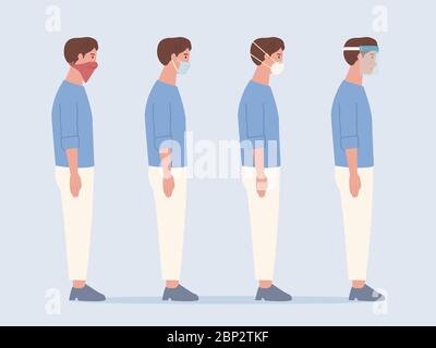 Les personnes portant un masque différent pour prévenir le virus et la pollution. Masque chirurgical, masque N95, mouchoir, masque facial. Illustration du type de pr Illustration de Vecteur