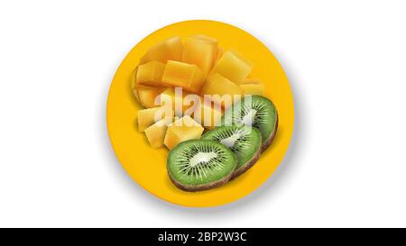 Composition de tranches de kiwi et de mangue en dés sur une assiette jaune. Illustration de Vecteur