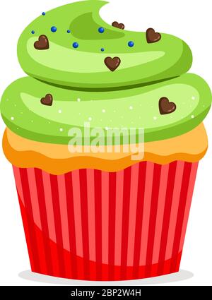 Gâteau sucré ou muffin avec glaçage vert et cœur au chocolat. Illustration vectorielle Illustration de Vecteur