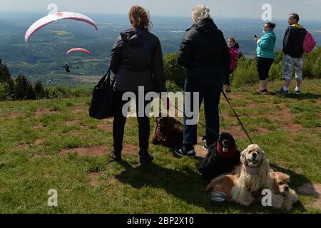 Kozakov, République tchèque. 16 mai 2020. Une femme avec des chiens se trouve sur la terrasse d'observation et regarde un parapente voler au-dessus du Kozakov (à 100 kilomètres au nord de Prague) en République tchèque. Le parapente est un sport de vol de loisir et de compétition. Le pilote est assis dans un harnais suspendu sous une aile en tissu, dont la forme est formée par la pression de l'air entrant dans les évents à l'avant de l'aile. Credit: Slavek Ruta/ZUMA Wire/Alamy Live News Banque D'Images