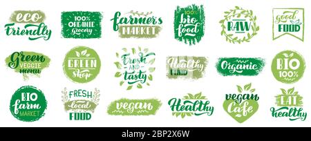 Étiquettes bio végétaliennes. Badges écologiques végétariens, tampon de lettrage vegan sain, jeu de symboles vectoriels isolés écologiques du marché frais Illustration de Vecteur