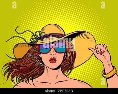 belle femme dans un chapeau à large bord et des lunettes de soleil Illustration de Vecteur