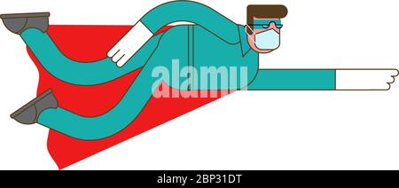 Le médecin surhéros vole pour sauver. Doc est un véritable super héros. Travailleur médical sous masque et imperméable. Protection de la santé. Lutte contre le coronavirus. COVID-19 Illustration de Vecteur
