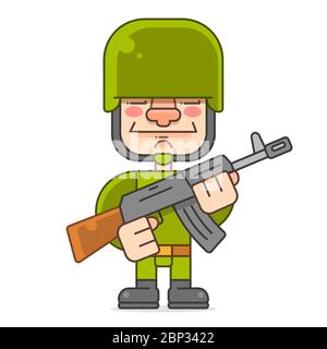 Soldat avec un casque de guerre à canon mécanique uniforme debout, dessin animé. Illustration de Vecteur