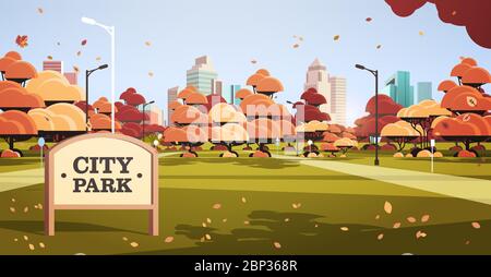 panneau en automne ville parc horizon avec des feuilles jaunes tombant dans la lumière du soleil skyskhager bâtiments fond urbain illustration vectorielle horizontale Illustration de Vecteur