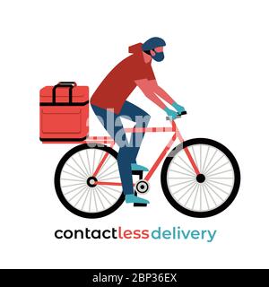 Icône vecteur de livraison de nourriture sans contact. Illustration de la bande dessinée des commandes de sortie en ligne du service de livraison sans contact. Chauffeur de vélo de messagerie Illustration de Vecteur