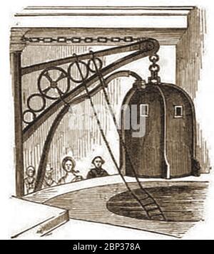 Une gravure historique montrant Frenchman, l'invention de la cloche de plongée du Dr Payerne, a fait la démonstration en Angleterre en 1842 à l'Institut des sciences de Londres. M. Hardiman a servi comme assistant de Payerne lors de la plongée de l'épave du Royal George. L'utilisation du casque de plongée de 'r Dean' a été utilisée dans un certain nombre d'expériences. Banque D'Images