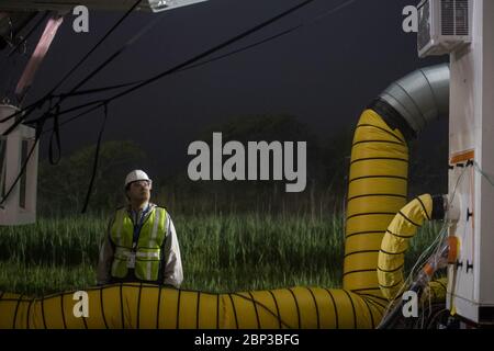 Le 17 mai 2018, la fusée Antares d'Orbital ATK est préparée pour le lancement depuis Wallops Flight Facility en Virginie. La mission CRS-9 transportait un vaisseau spatial Cygnus avec 7 400 livres de fret, y compris des expériences scientifiques et des fournitures pour la Station spatiale internationale. Banque D'Images