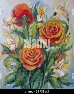 Bouquet de roses orange et jaune, peinture à l'huile Banque D'Images