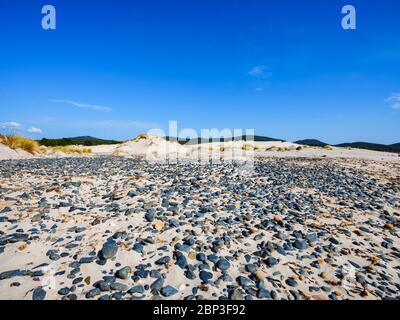 Petites pierres noires et coquillages dispersés sur la plage avec des dunes blanches appelées le Dune en arrière-plan, Sant'Anna Arresi, Sardaigne, Italie Banque D'Images