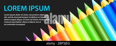 Bannière avec crayons de couleur sur fond noir. Illustration de Vecteur