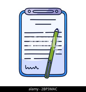 Icône de document de contrat en forme de doodle. Dessin main de dessin animé Accord arrangement de propriété prêt hypothécaire argent avec stylo Illustration de Vecteur