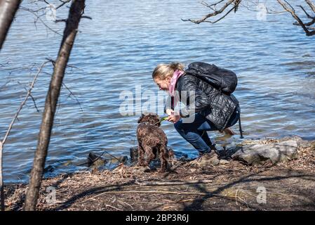 Jeune femme blonde jouant avec un chien à côté d'une rivière Banque D'Images