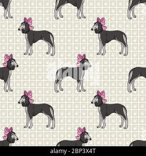 Joli chien saluki dessiné à la main avec noeud rose sans couture à motif vectoriel. Chien domestique de race pure sur fond de patte. Imprimé animal de compagnie amoureux de chien Illustration de Vecteur