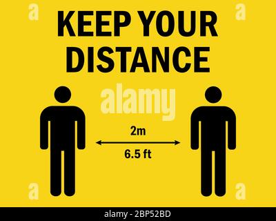Maintenez une distance de 2 mètres. Panneau attention. Fond jaune. Idéal pour les arrière-plans, le fond d'écran, l'affiche, l'étiquette, l'autocollant et le papier peint. Illustration de Vecteur