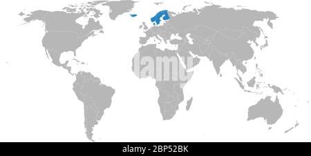 Pays nordiques mis en évidence sur la carte du monde. Fond gris clair. Concepts d'affaires, relations diplomatiques, commerciales, de voyages et économiques. Illustration de Vecteur