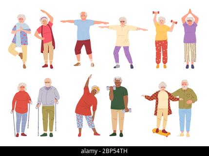 Ensemble de dessins animés pour personnes âgées et mode de vie actif et sain. Grand-parent sportif retraité, inclinaison latérale. Personnes âgées faisant des exercices matinaux, gymnastique. Les vieux hommes et les femmes marchant. Illustration vectorielle Illustration de Vecteur