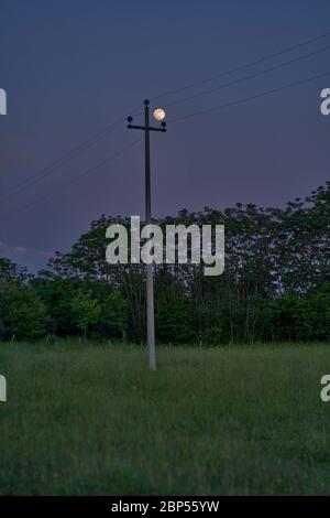 Pleine lune détaillée derrière un poteau téléphonique partiellement flou dans une campagne / Prayry Environnement à Dusk Banque D'Images