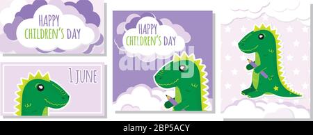 Lot de quatre images avec un joli dino. Carte postale pour la bonne journée internationale des enfants. Illustration vectorielle. SPE 10. Illustration de Vecteur