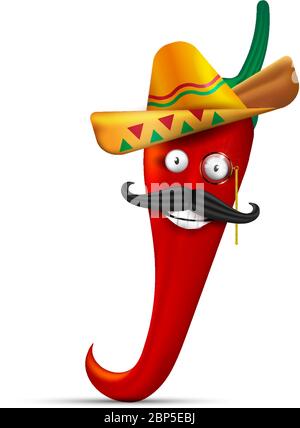 Piment rouge, personnage anthropomorphique. Sourire à dents blanches, ssombrero, moustache. Illustration vectorielle, maillage de gradient 3D. Illustration de Vecteur