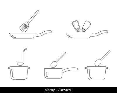 Ensemble de plan d'ustensiles pour casseroles et casseroles de cuisine. Représentant différentes casseroles et poêles de cuisine dans la cuisine. EPS vectoriel noir et blanc Illustration de Vecteur