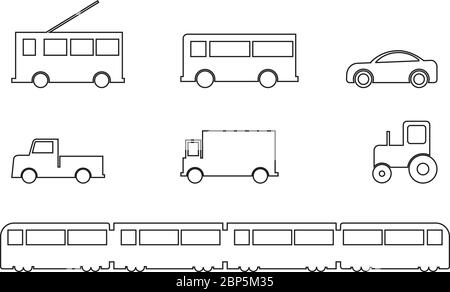 Définition des véhicules de transport terrestre. Un ensemble de véhicules au sol. Bus Trap car camion tracteur train. Vecteur EPS noir et blanc étendu Illustration de Vecteur