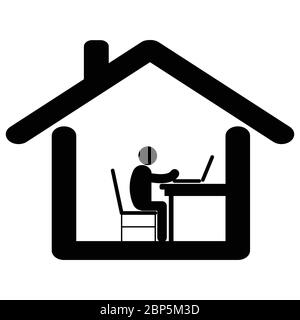 Travailler à domicile. Pictogramme représentant un homme travaillant à la maison en raison de son verrouillage Covid-19. EPS vectoriel noir et blanc Illustration de Vecteur