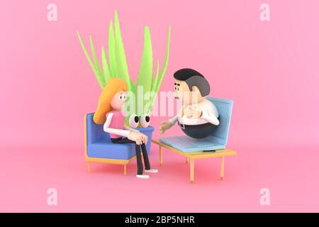 illustrateur 3d de personnages de dessins animés. Réunion en ligne. Une femme assise sur le canapé et l'homme est sur l'ordinateur Banque D'Images