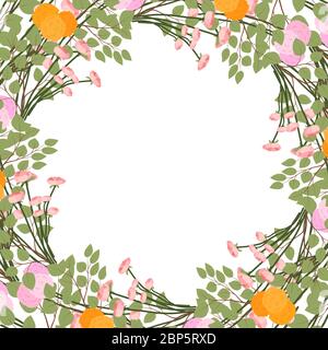 Pissenlit jaune, fleur rose, cadre de feuille vert. Motif invitation à un mariage. Décoration bouquet de fleurs. Modèle vectoriel pour carte de vœux. Illustration de Vecteur