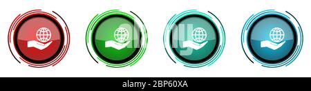 Soin des mains planète environnement autour des icônes de vecteur brillant, ensemble de boutons pour les applications de webdesign, Internet et téléphone mobile dans quatre options de couleurs est Illustration de Vecteur