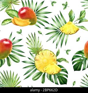 Motif tropical sans coutures aquarelle. Mango et ananas. Fruits exotiques et feuilles de palmier isolées sur blanc. Illustration botanique dessinée à la main pour Banque D'Images