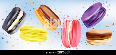 Ensemble de macarons de bonbons sur fond bleu. Dessert sucré français. Macarons colorés en mouvement. Illustration réaliste 3D. Banque D'Images