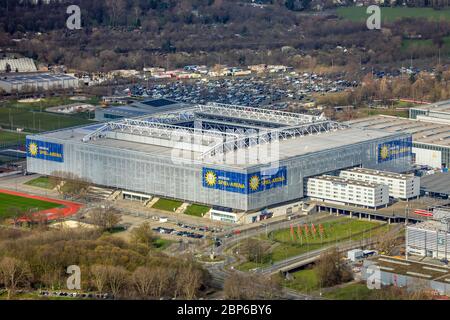 Vue aérienne, MERKUR SPIEL-ARENA, Messe Düsseldorf am Rhein, nouveau bâtiment, Düsseldorf, Rhénanie-du-Nord-Westphalie, Allemagne Banque D'Images