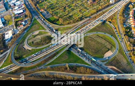 Vue aérienne, Autobahnkreuz Herne, embouteillage, embouteillage, Autobahn A43, Autobahn A42, entrée, sortie, tunnel prévu, Baukau, Herne, région de la Ruhr, Rhénanie-du-Nord-Westphalie, Allemagne Banque D'Images