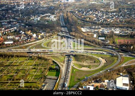 Vue aérienne, Autobahnkreuz Herne, embouteillage, embouteillage, Autobahn A43, Autobahn A42, entrée, sortie, tunnel prévu, Baukau, Herne, région de la Ruhr, Rhénanie-du-Nord-Westphalie, Allemagne Banque D'Images