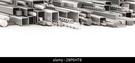 profils métalliques de différents types et sections. acier et aluminium. rendu 3d. personne autour. Banque D'Images